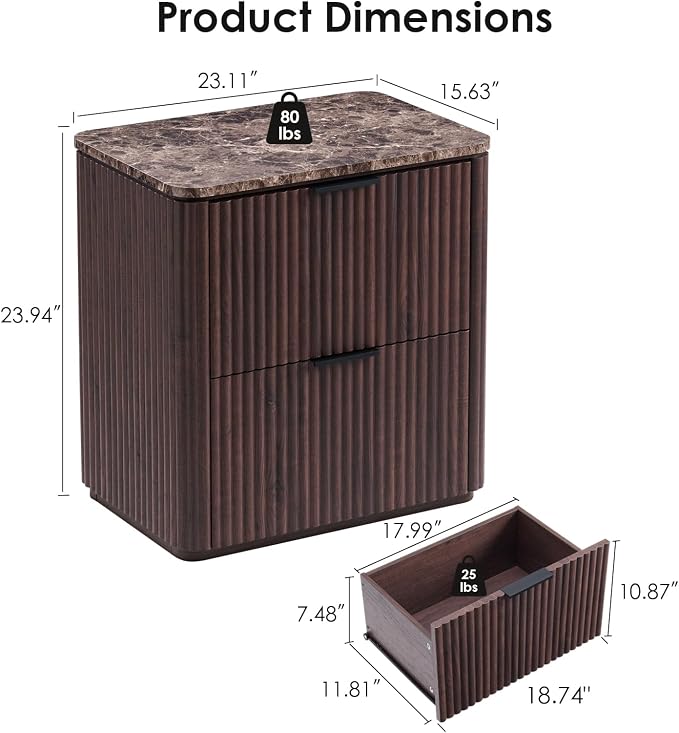Fluted Nightstand with 2 Drawers, Bedside Table with Faux Marble-Top, - Image 2