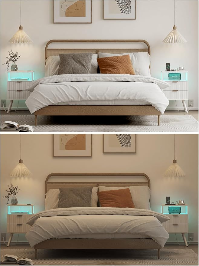 Nightstand with Charging Station and LED Lights, Modern Bedside Table with 2 - Image 3
