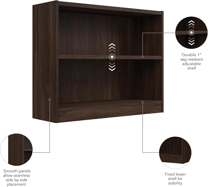 Bush Furniture Universal Small 2 Shelf Bookcase in Black Walnut, Low Storage - Image 6