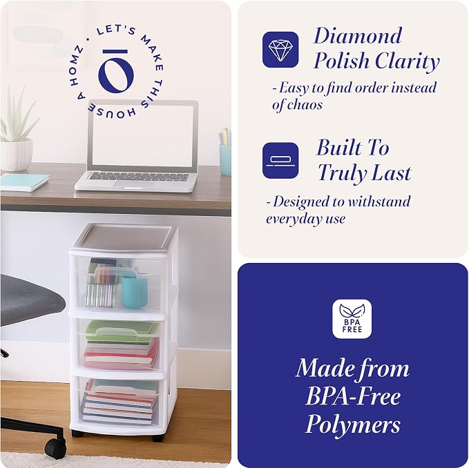 HOMZ Drawer Tower, 3-Tier Rolling Storage Cart - Image 5