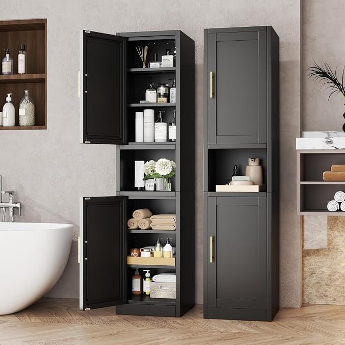 Tall Metal Narrow Bathroom Storage Cabinet 67" H, Tall Black Pantry Cabinets by BAOLIWO