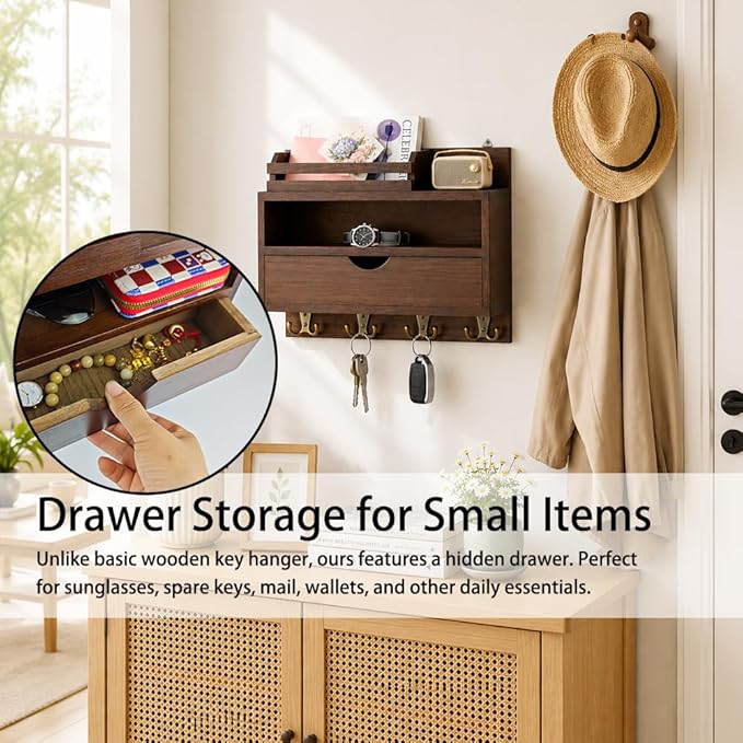 Key and Mail Holder for Wall, Wooden Key and Mail Organizer - Image 5