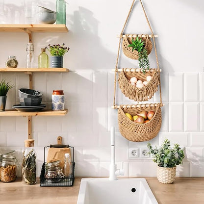 Lawei 3 Tier Hanging Fruit Basket, Wall Hanging Vegetable Fruit Baskets Cotton - Image 5