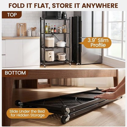 ALANNG 4 Tier Folding Storage Shelf on Wheels, Heavy Duty Metal Rolling Cart | - Image 6