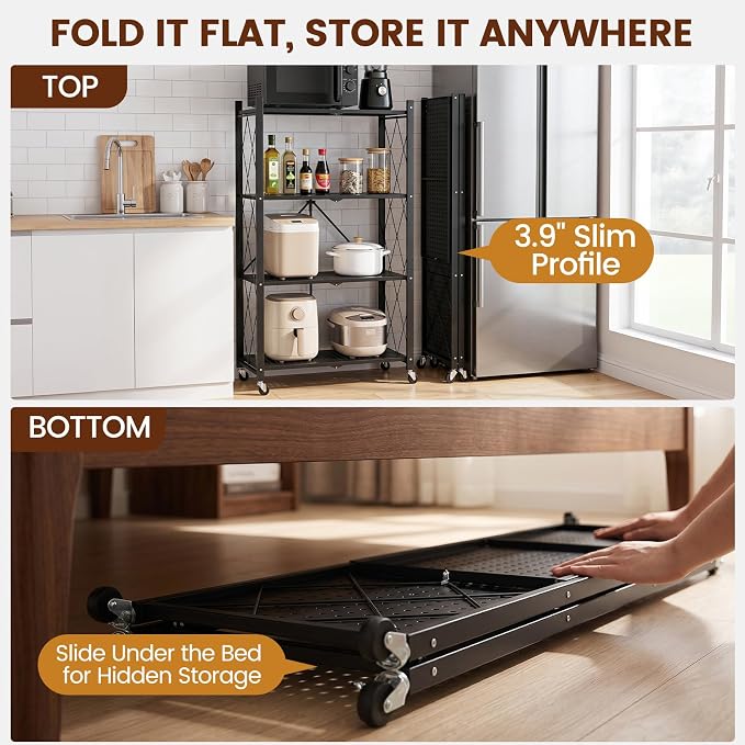 ALANNG 4 Tier Folding Storage Shelf on Wheels, Heavy Duty Metal Rolling Cart | - Image 6