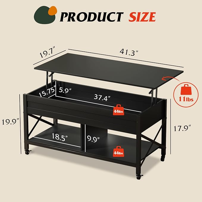 WLIVE Coffee Table, 41.3" Lift Top Coffee Table - Image 3