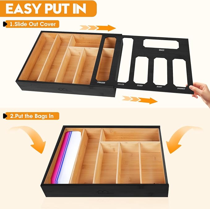 6 in 1 Bamboo Ziploc Bag Storage Organizer, Snack & Freezer Bags, Wall - Image 4