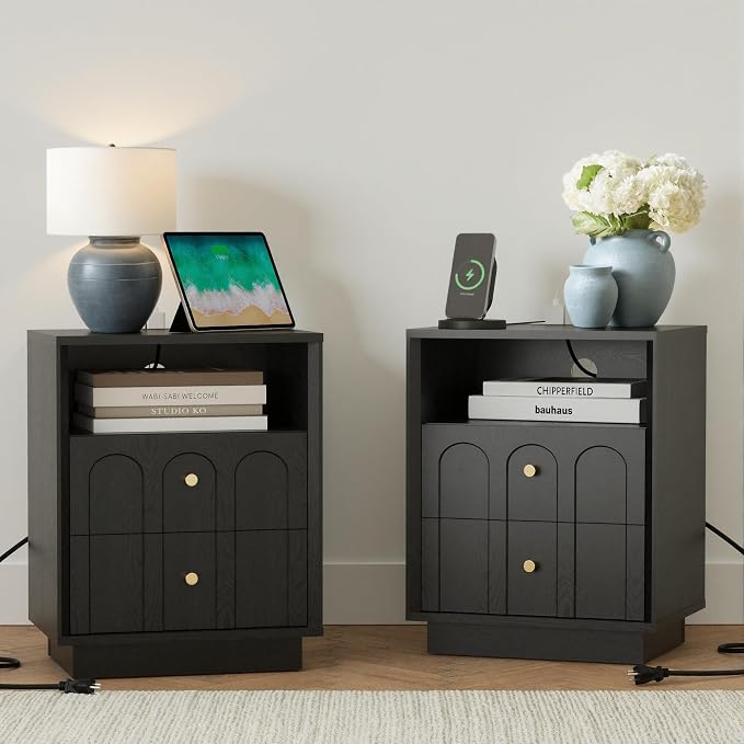 Nightstand Set of 2 with Charging Station, Mid Century Modern Nightstand with by FORTUNETEC