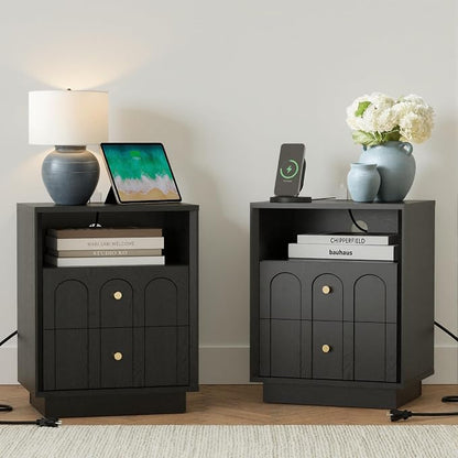 Nightstand Set of 2 with Charging Station, Mid Century Modern Nightstand with by FORTUNETEC