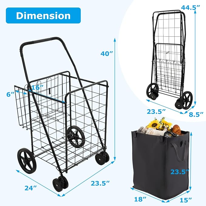 Goplus Folding Shopping Cart for Groceries, Upgraded Jumbo Grocery Cart - Image 7