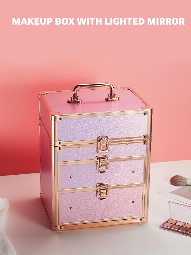 Qislee Makeup Box with Double Drawers and Four Trays, Detachable Lighted Mirror - Image 7