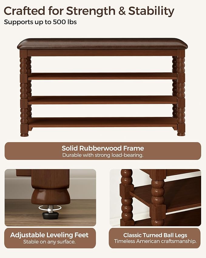 Homleke 3-Tier Solid Wood Shoe Rack Bench - Image 6