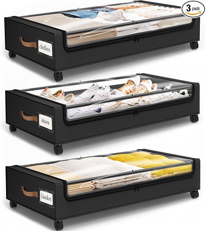 Under Bed Storage with Wheels 3Pack Storage Containers with Clear Window&Label by SpaceHacks