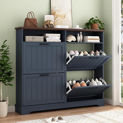 Shoe Storage Cabinet with 4 Flip Drawers, Farmhouse Modern Hidden Shoes Rack by WINWY