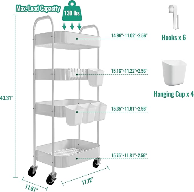 4-Tier Metal Rolling Cart with Wheels, Storage Utility Organizer Cart - Image 3