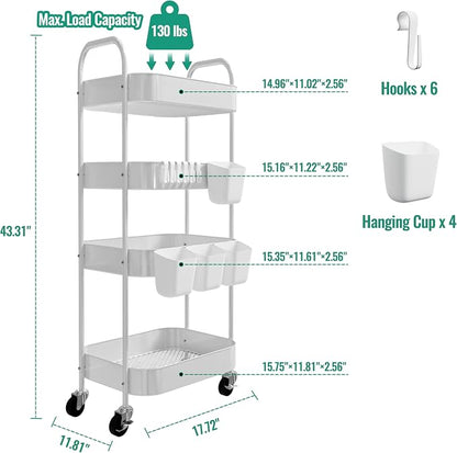 4-Tier Metal Rolling Cart with Wheels, Storage Utility Organizer Cart - Image 3
