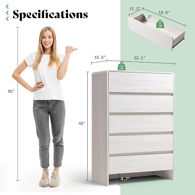 AMERLIFE 5 Drawer Dresser for Bedroom, Anti-Tip Kit, Wood Cabinet Organizer for - Image 2