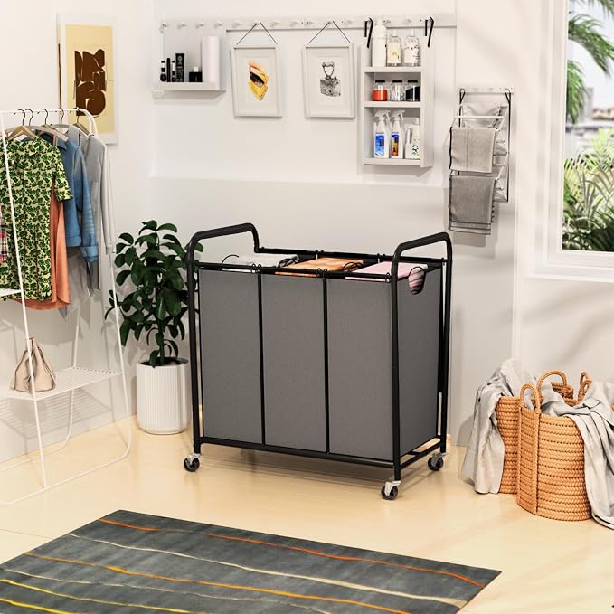 180L Laundry Sorter 3 Section, Rolling Laundry Basket - Image 7
