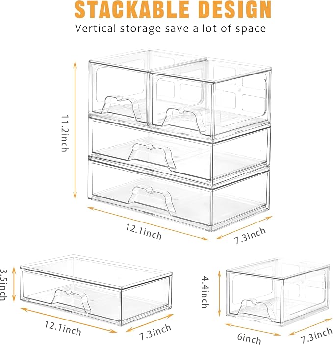 3 Pack Stackable Storage Drawers Clear Acrylic Organizer Makeup Bathroom - Image 2