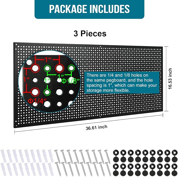 Peg Board, 3 Pack 16-Inch X 36-Inch Heavy Duty Steel Pegboard, Heavy Duty Black - Image 3