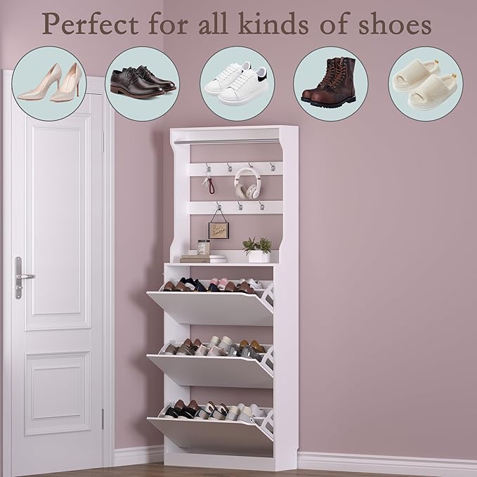 BORNOON Shoe Cabinet with 3 Flip Drawers & Coat Rack, Narrow Hidden Shoe - Image 4