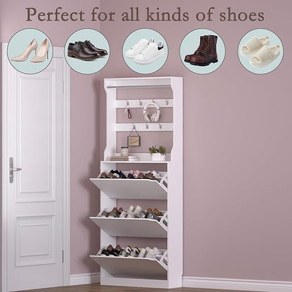 BORNOON Shoe Cabinet with 3 Flip Drawers & Coat Rack, Narrow Hidden Shoe - Image 4