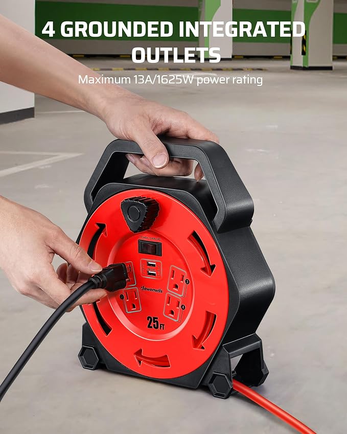 DEWENWILS Cord Reel with 4 Power Outlets, 2-USB Ports, 25FT Retractable - Image 7