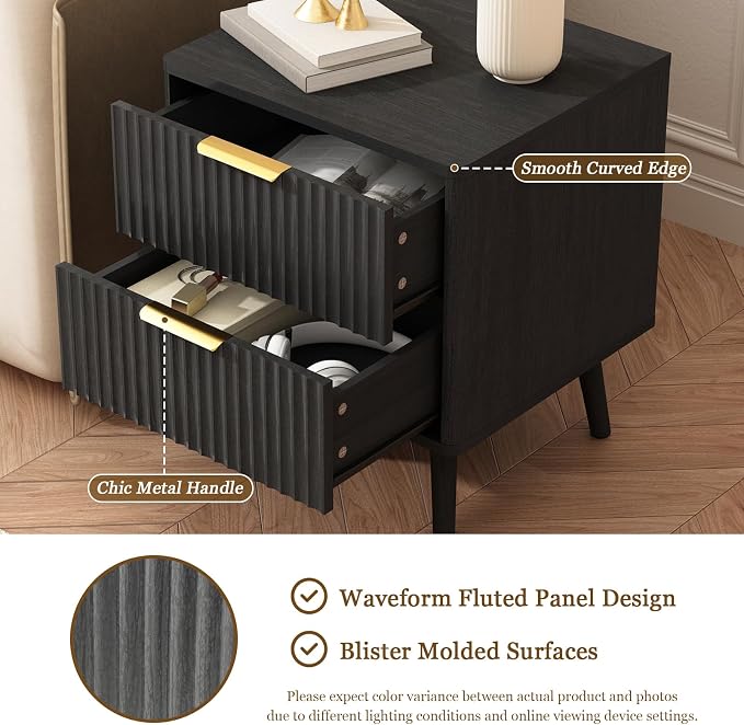 CARPETNAL Fluted Nightstand, Wood End Table Mid Century Night Stands - Image 4