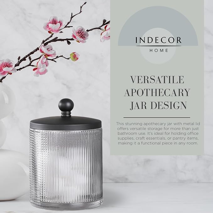 Gray Colored Tranlucent Apothecary Ribbed Geo Etched Glass Jar W/Matte Black - Image 4