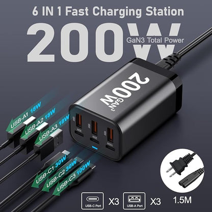 USB C Charger Block 200W Multi Port USB Fast Charging Station Hub GaN PPS PD - Image 2