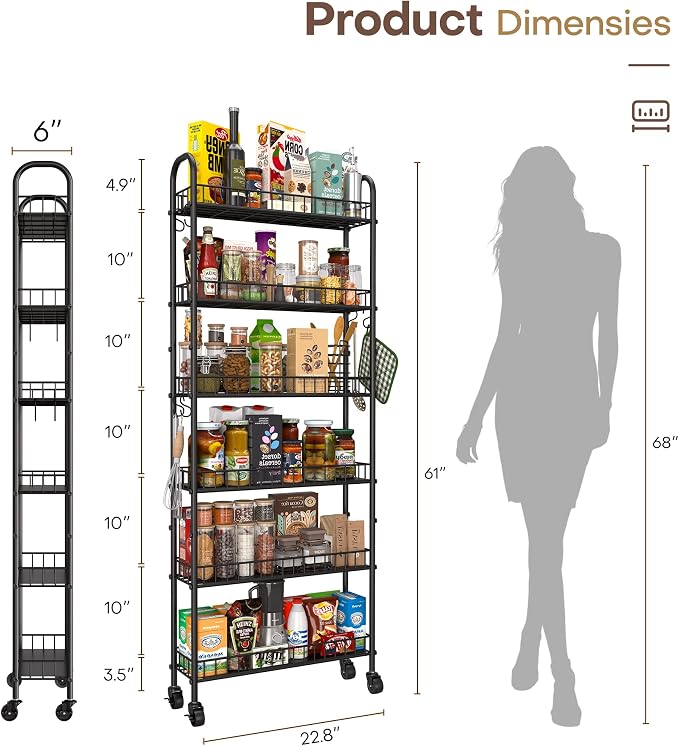 Slim Rolling Storage Cart with Wheels, Metal 6 Tier Spice Rack Mobile Shelving - Image 5