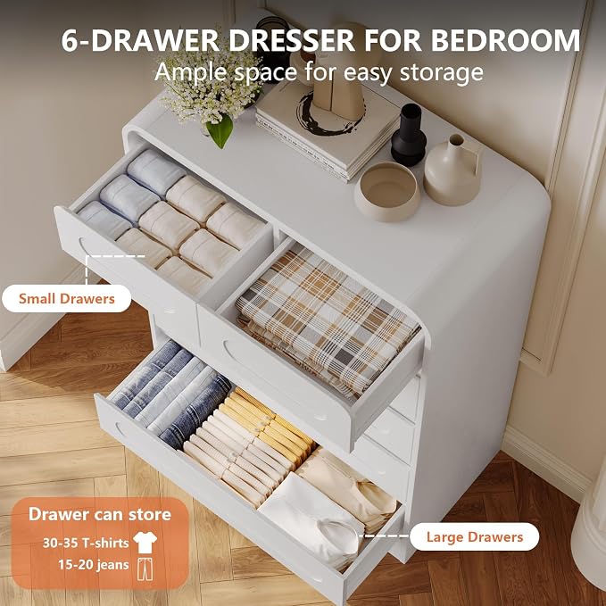 Dresser for Bedroom with 6 Drawers, Wood Closet Clothes Storage Dressers - Image 3