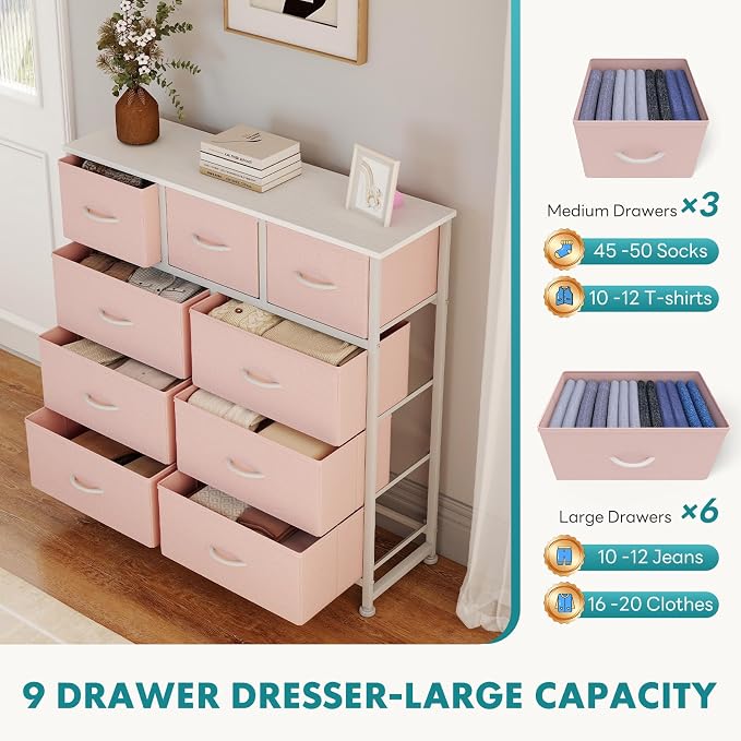 OLIXIS 9 Drawer Pink Dresser for Bedroom, Closet Organizers and Storage | Tall - Image 4