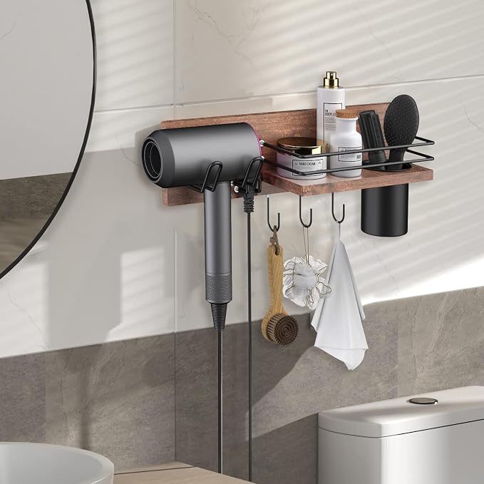 Wooden Hair Dryer Holder Wall Mounted, Bathroom Hair Tool Organizer, Blow Dryer - Image 2