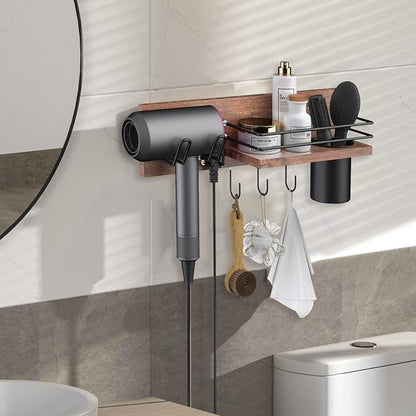 Wooden Hair Dryer Holder Wall Mounted, Bathroom Hair Tool Organizer, Blow Dryer - Image 2