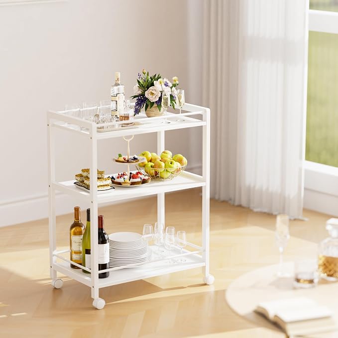 HITNET White Bar Cart, Home Bar Serving Cart, Kitchen Trolley on Wheels - Image 4