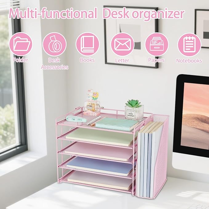 AUPSEN Pink Desk Organizers and Accessories, 5-Tier Desktop Paper File Organizer - Image 4