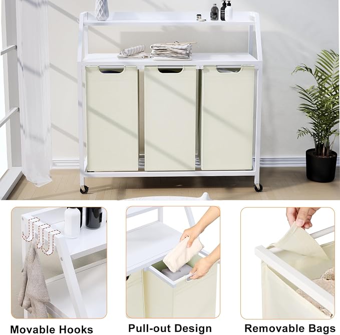Laundry Hamper, Laundry Sorter 3 Section, Rolling Laundry Basket - Image 5