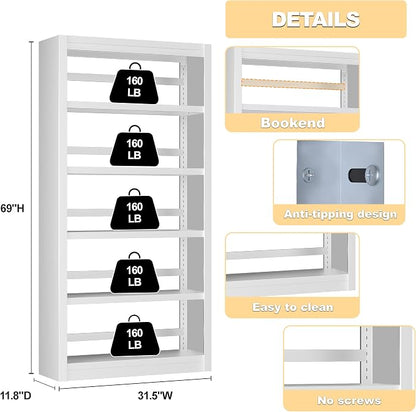 5 Tier Metal Bookcase, Sturdy Modern Heavy Duty Display Bookcases - Image 2