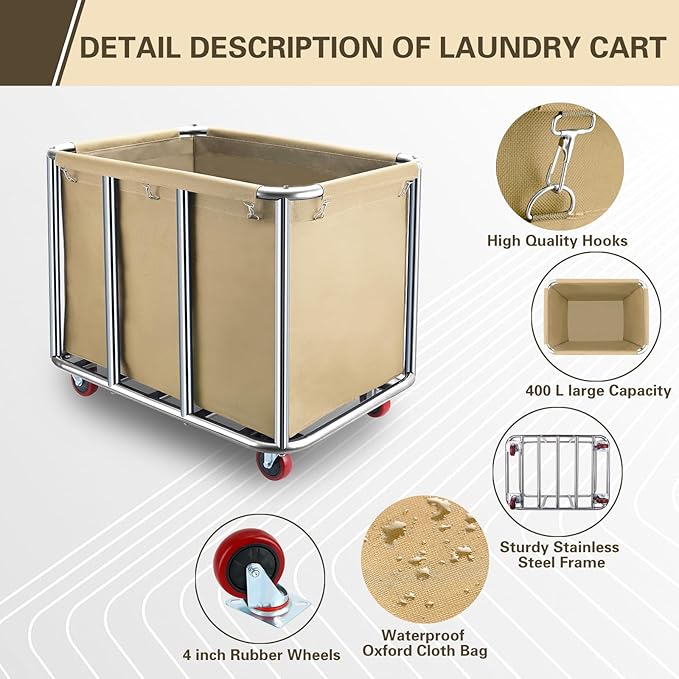 Commercial Laundry Cart with Wheels, 400L Large Industrial Laundry Cart - Image 4