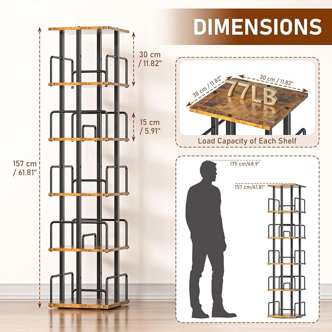 5-Tier Rotating Bookshelf, 360° Spinning Corner Bookcase - Image 3
