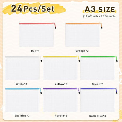 24pcs Mesh Zipper Pouch Bags, A3 Large Size 8 Colors Plastic Zipper Bags - Image 2