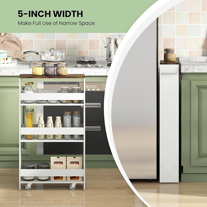 Small Kitchen Cart, 4-Tier Slim Rolling Island w/Handle, Laundry Room Storage - Image 5