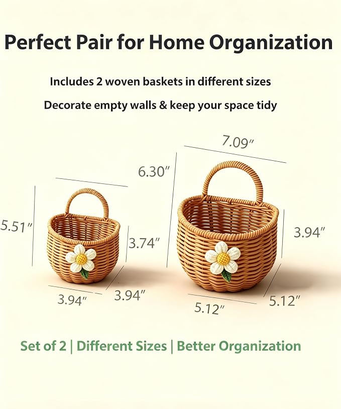 2 Pack Wall Hanging Rattan Baskets, Hand-Woven Storage Basket, Small Wall - Image 2