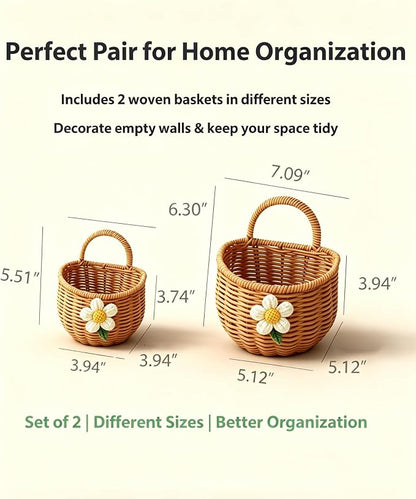 2 Pack Wall Hanging Rattan Baskets, Hand-Woven Storage Basket, Small Wall - Image 2