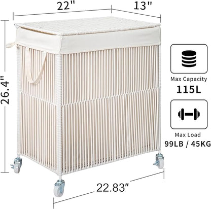 WOWLIVE Laundry Hamper with Wheels, Handwoven Rolling Laundry Basket with Lid - Image 3
