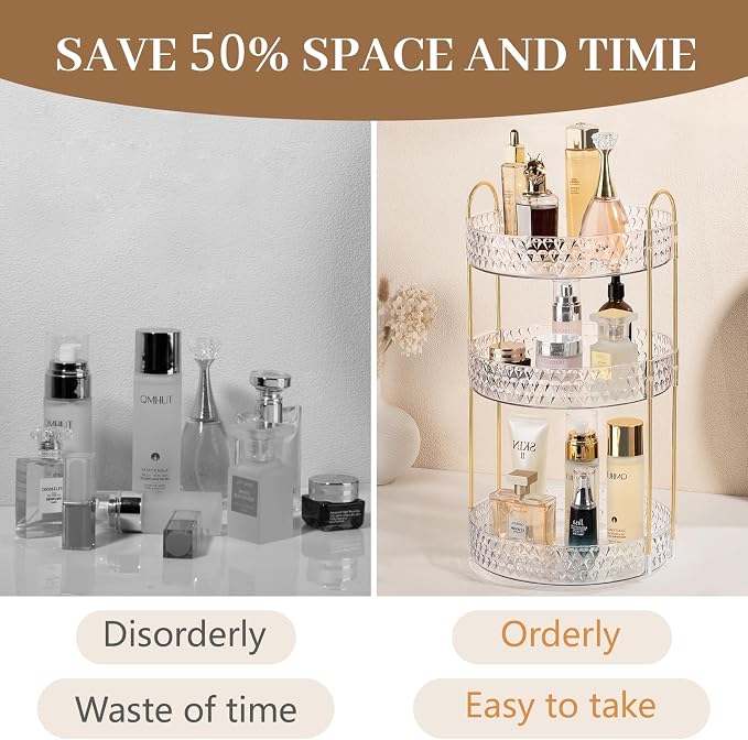 Rotating Makeup Organizer for Vanity, 3 Tier Perfume Skincare Storage for Women - Image 5