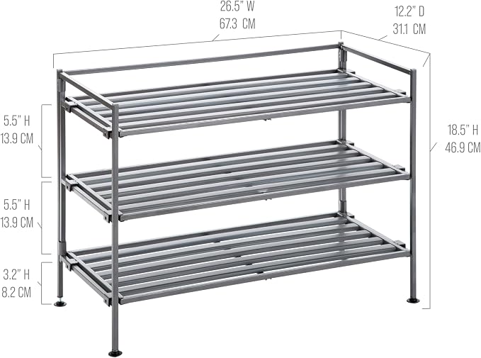 3-Tier Stackable 1" Slat Steel Frame Shoe Rack, 27.25"W x 12.75"D, Ash Gray | - Image 3