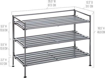 3-Tier Stackable 1" Slat Steel Frame Shoe Rack, 27.25"W x 12.75"D, Ash Gray | - Image 3