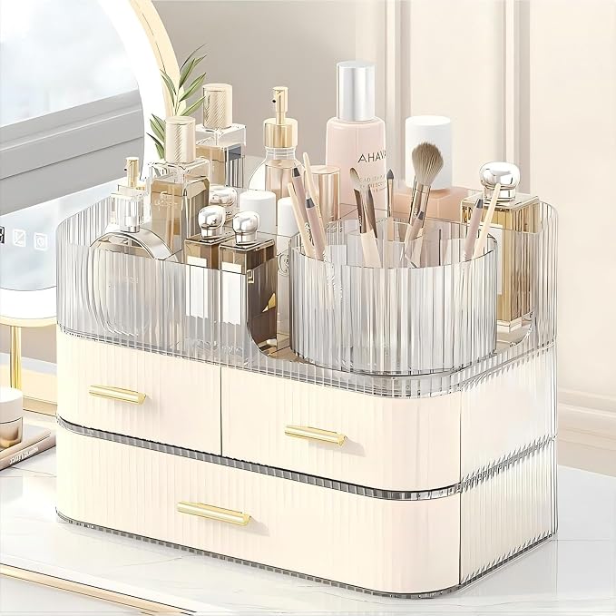 DASITON Makeup Organizer with Drawers and Rotating Makeup Brush Holder - Image 2